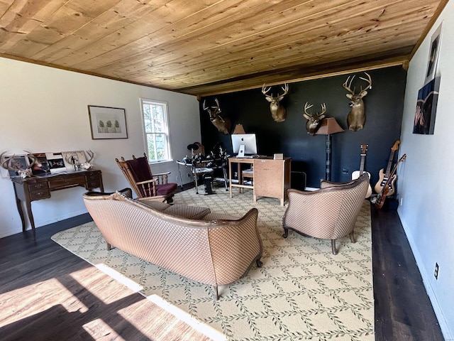 living room featuring wood-type flooring, crown molding, and wooden ceiling