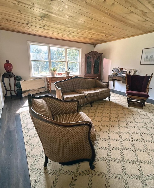 living room featuring wooden ceiling and light hardwood / wood-style flooring