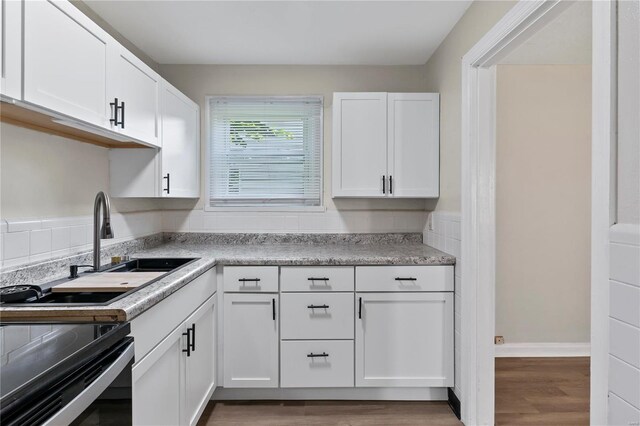 kitchen featuring white cabinetry, sink, hardwood / wood-style flooring, and tasteful backsplash