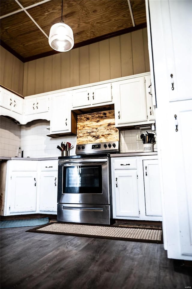 kitchen featuring dark hardwood / wood-style flooring, pendant lighting, wood ceiling, white cabinetry, and stainless steel range with electric cooktop