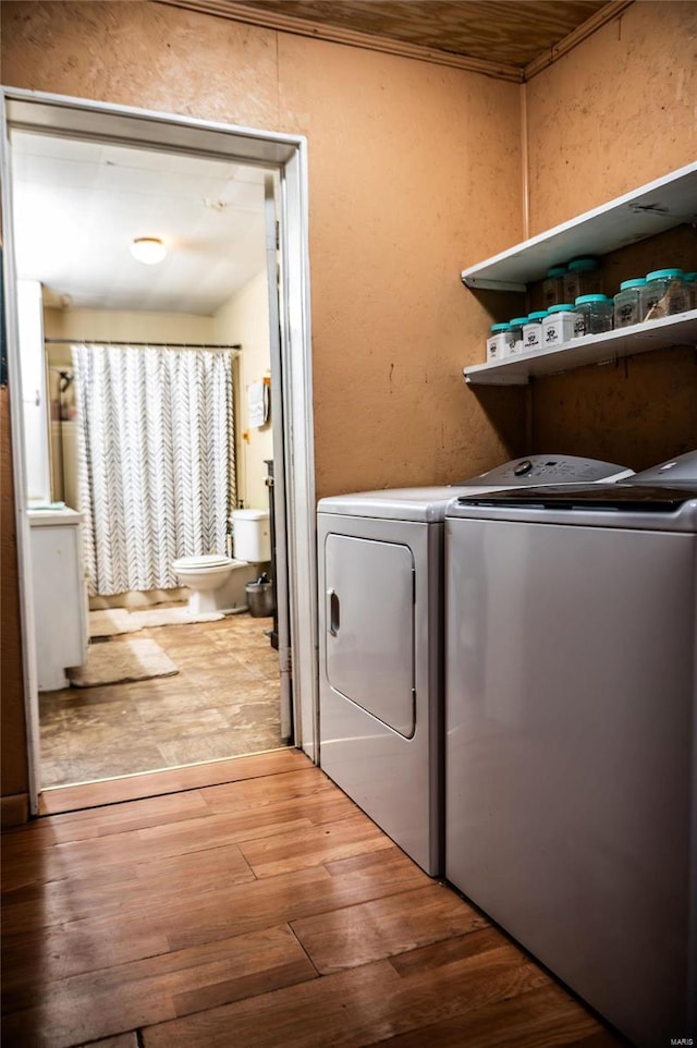 laundry room with hardwood / wood-style flooring and washing machine and clothes dryer