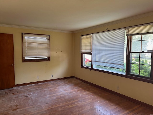 spare room with crown molding, plenty of natural light, and dark hardwood / wood-style floors