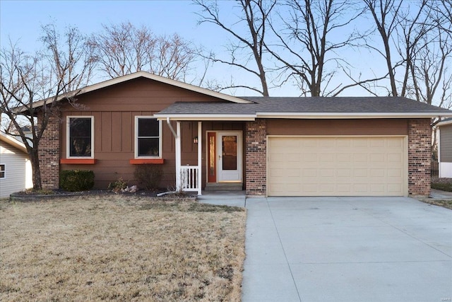 view of front of property featuring brick siding, board and batten siding, concrete driveway, a front yard, and an attached garage