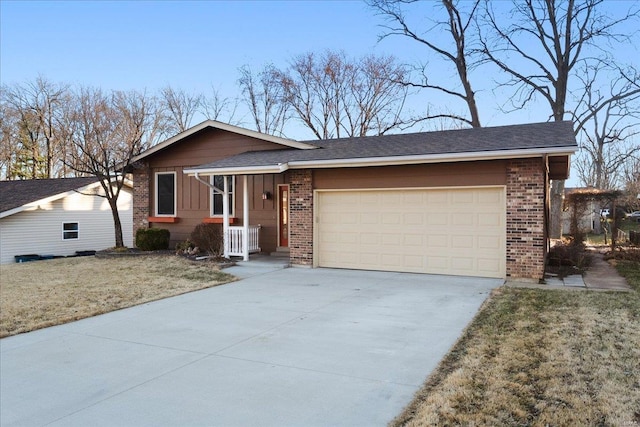 single story home with brick siding, driveway, a front lawn, and a garage