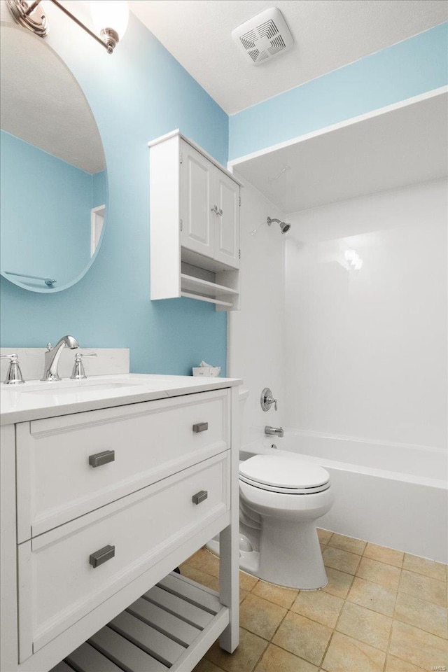 bathroom featuring visible vents, shower / bathtub combination, toilet, and vanity