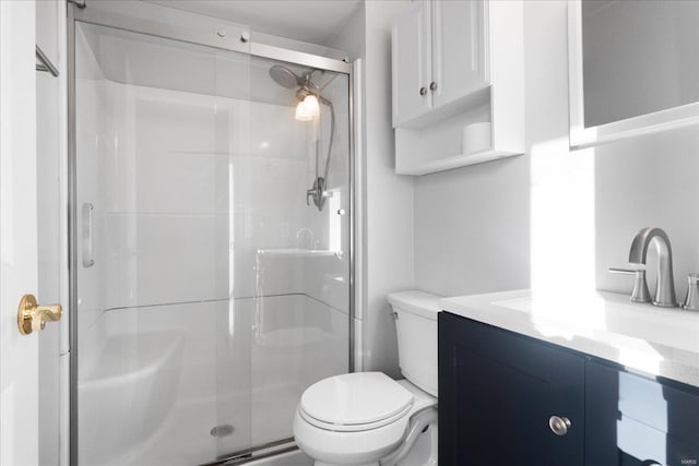 full bathroom with vanity, toilet, and a stall shower