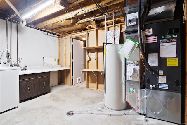 unfinished basement featuring gas water heater, heating unit, washer / dryer, and a sink