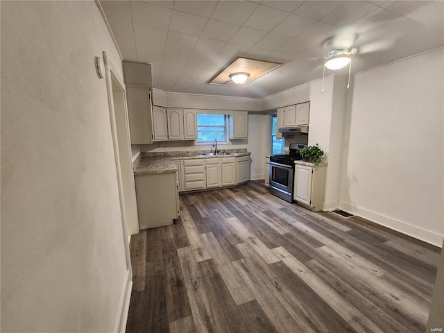 kitchen with stainless steel range with gas cooktop, crown molding, sink, ceiling fan, and dark wood-type flooring