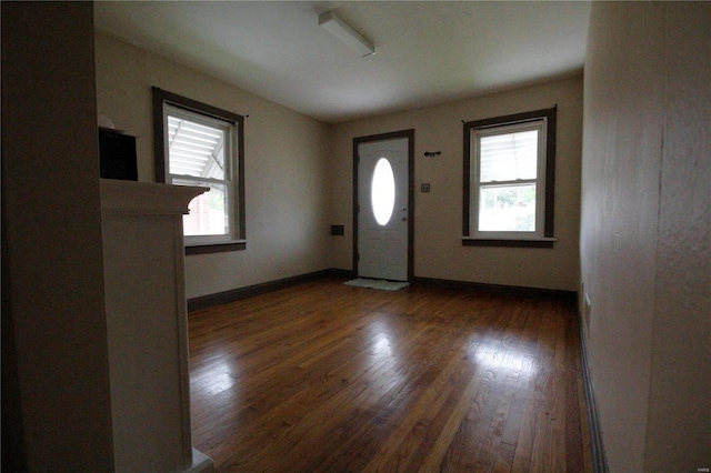 foyer entrance featuring wood finished floors, a wealth of natural light, and baseboards