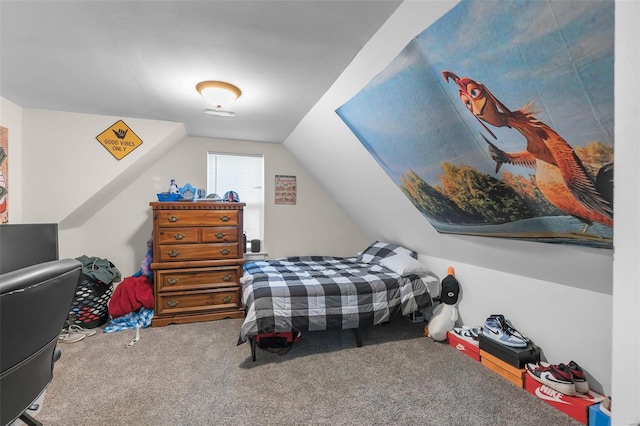 carpeted bedroom featuring vaulted ceiling