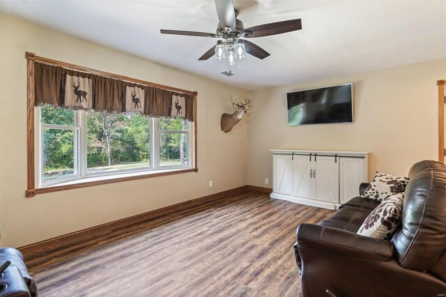 living room with ceiling fan and wood-type flooring