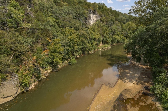 birds eye view of property featuring a water view and a wooded view