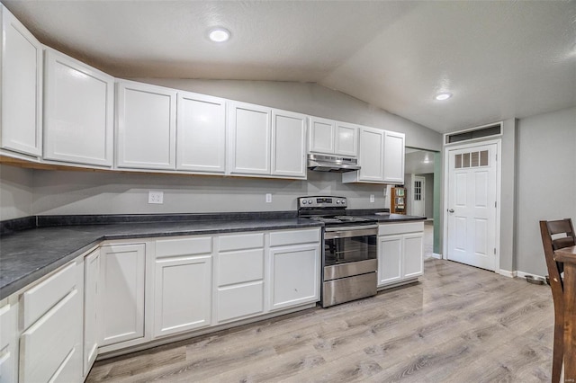 kitchen with light hardwood / wood-style floors, white cabinets, and stainless steel range with electric cooktop