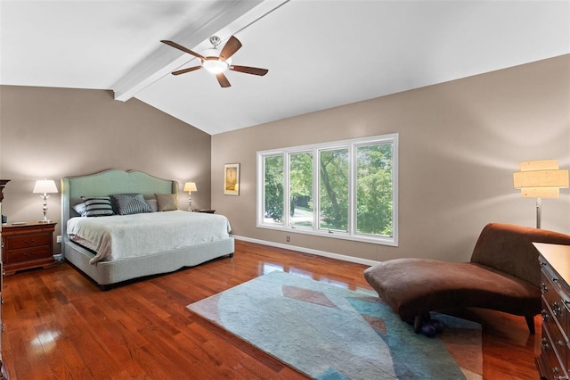 bedroom with ceiling fan, lofted ceiling with beams, and dark hardwood / wood-style flooring