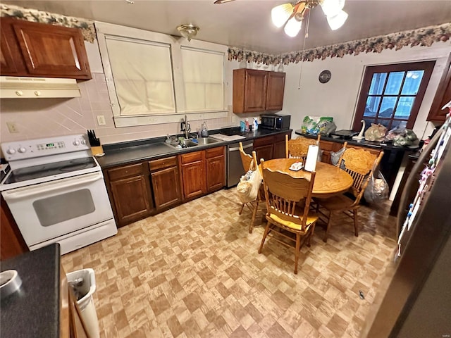 kitchen featuring ceiling fan, tasteful backsplash, sink, dishwasher, and white electric range oven