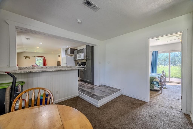 interior space featuring vaulted ceiling, white appliances, kitchen peninsula, dark carpet, and a textured ceiling