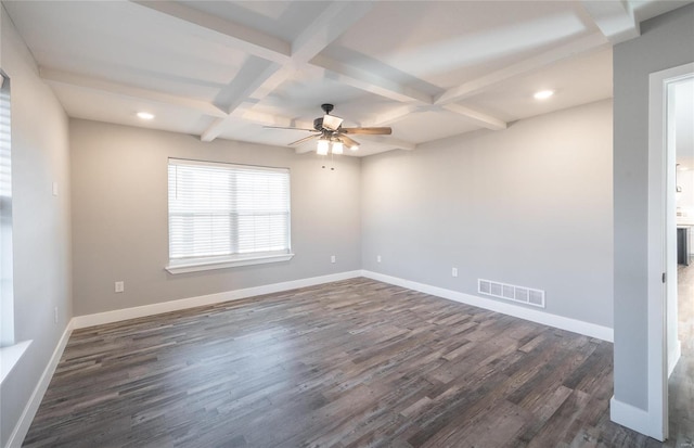 spare room with dark hardwood / wood-style floors, ceiling fan, coffered ceiling, and beamed ceiling