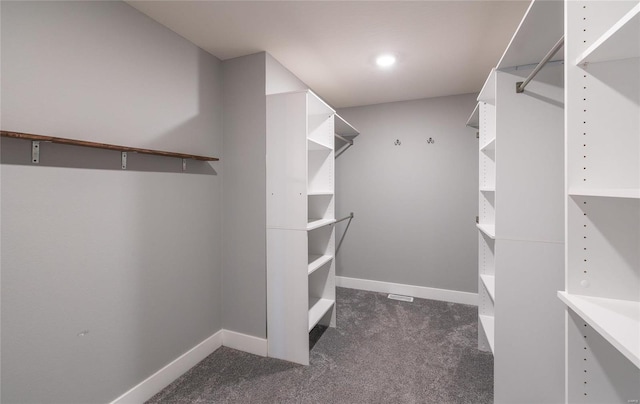 walk in closet with dark colored carpet