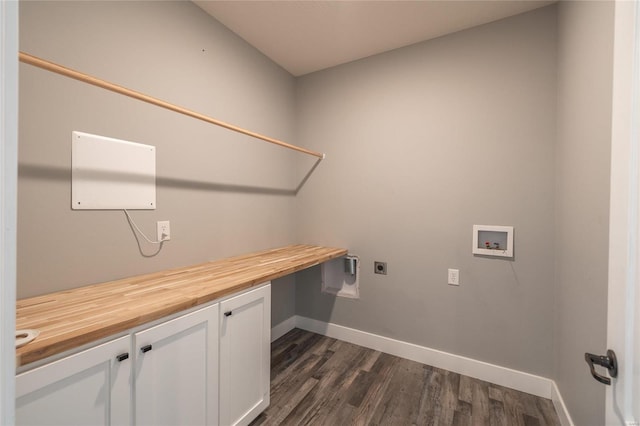 laundry room featuring cabinets, washer hookup, dark hardwood / wood-style floors, and electric dryer hookup