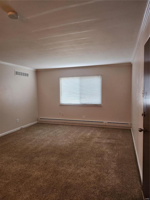 carpeted spare room with a baseboard radiator and ornamental molding