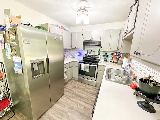 kitchen featuring a textured ceiling, backsplash, stainless steel appliances, sink, and light wood-type flooring