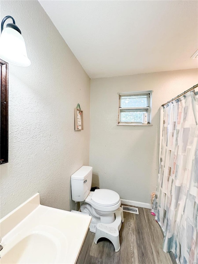 bathroom featuring vanity, toilet, curtained shower, and wood-type flooring