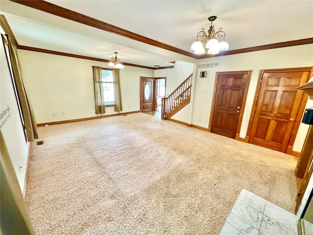 unfurnished living room with carpet floors, visible vents, stairway, a chandelier, and baseboards