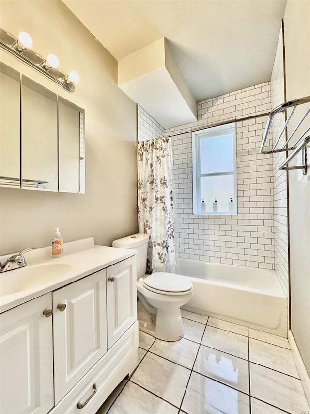 full bathroom with toilet, shower / bath combo, vanity, and tile patterned floors