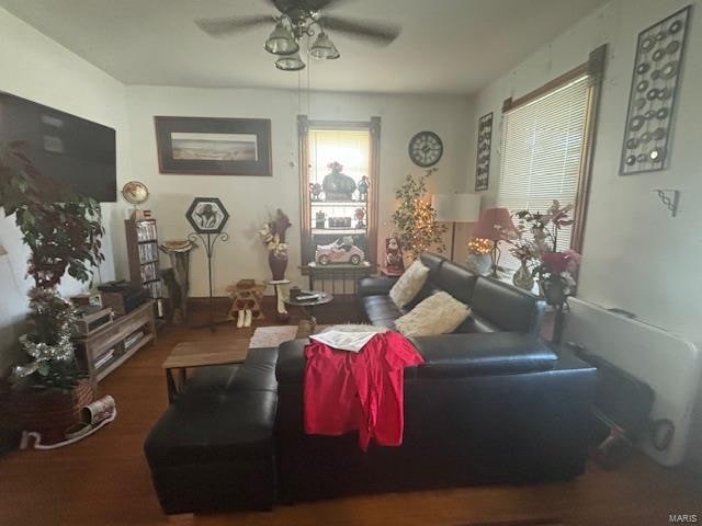 living room featuring ceiling fan and wood-type flooring