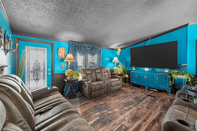 living room with a wainscoted wall, crown molding, vaulted ceiling, a textured ceiling, and wood finished floors