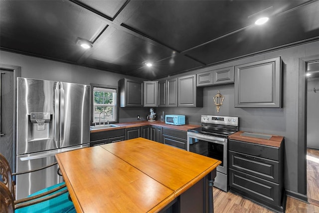 kitchen featuring gray cabinetry, a sink, wood counters, light wood-style floors, and appliances with stainless steel finishes