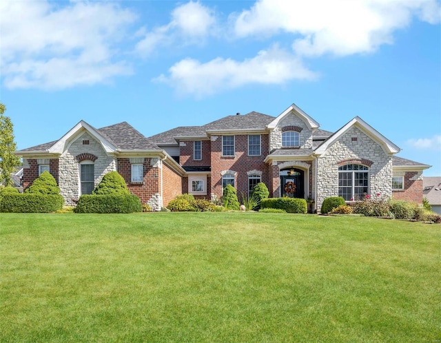 view of front of property featuring a front yard, stone siding, brick siding, and roof with shingles