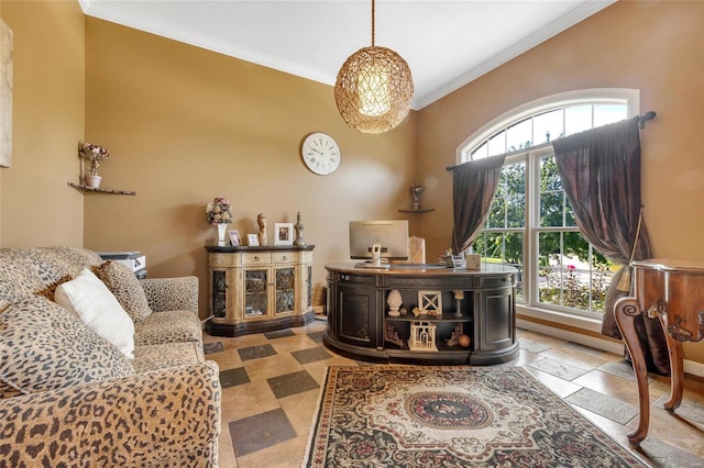 office area featuring ornamental molding, stone tile floors, and baseboards