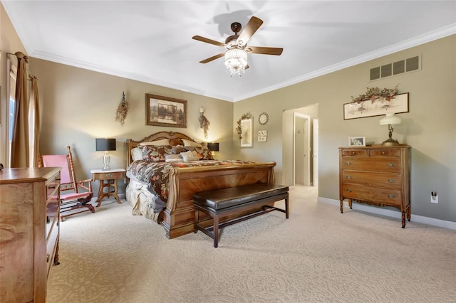 bedroom with baseboards, light carpet, visible vents, and crown molding