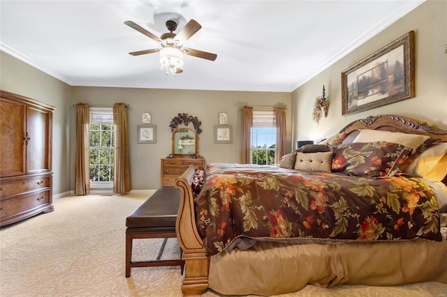 bedroom with multiple windows, crown molding, and carpet flooring