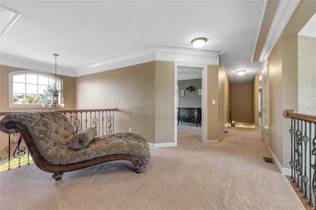 living area featuring a notable chandelier, light colored carpet, visible vents, baseboards, and ornamental molding