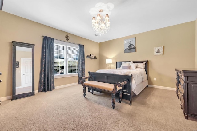 bedroom with light carpet, baseboards, and a notable chandelier