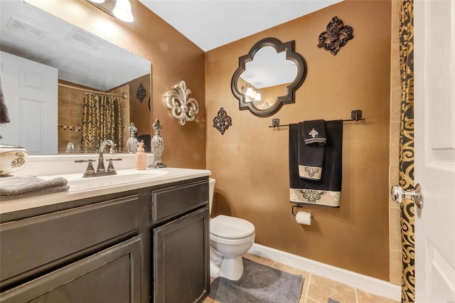 full bathroom with visible vents, toilet, vanity, baseboards, and tile patterned floors