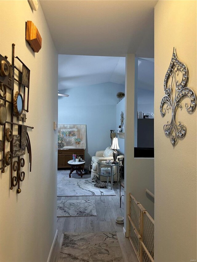 hallway featuring vaulted ceiling and hardwood / wood-style flooring