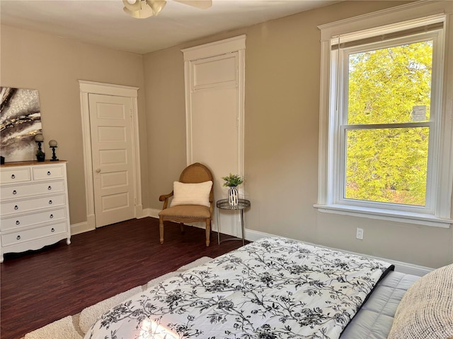 bedroom featuring ceiling fan and dark hardwood / wood-style flooring