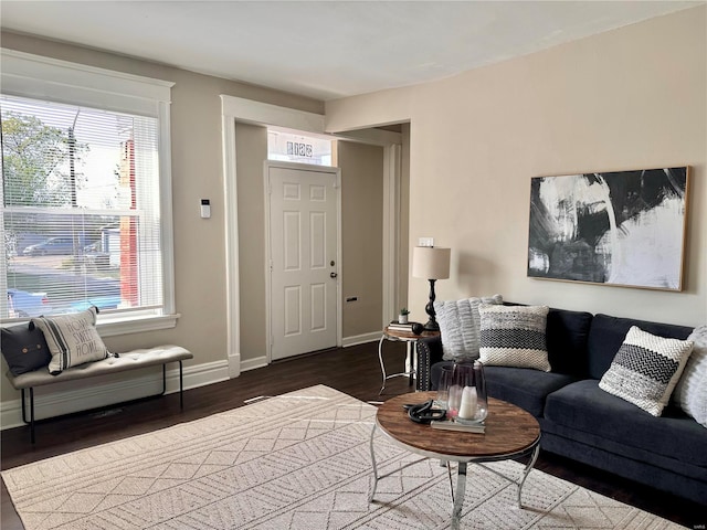 living room with dark hardwood / wood-style floors and a healthy amount of sunlight