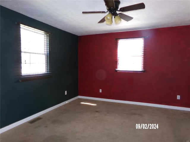 carpeted empty room with ceiling fan and a wealth of natural light