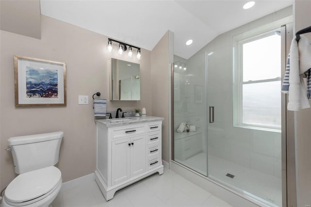 bathroom with toilet, tile patterned flooring, a shower with door, vanity, and lofted ceiling