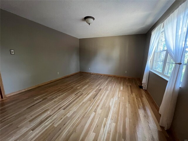 empty room with light wood-type flooring and a textured ceiling