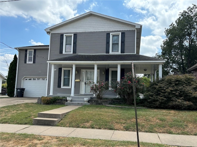 view of front facade with a garage, a front lawn, and covered porch