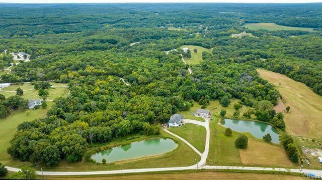 bird's eye view featuring a water view and a wooded view