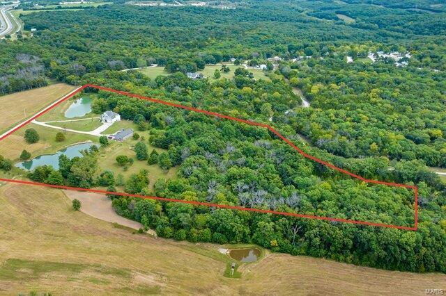 drone / aerial view with a forest view and a rural view