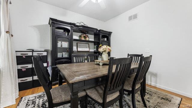 dining area with a ceiling fan, wood finished floors, visible vents, and baseboards