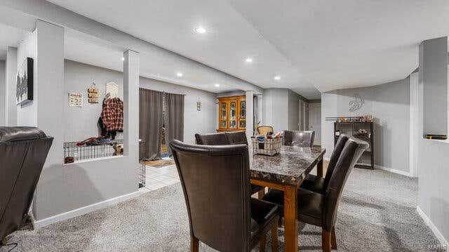 dining area featuring baseboards, carpet flooring, and recessed lighting