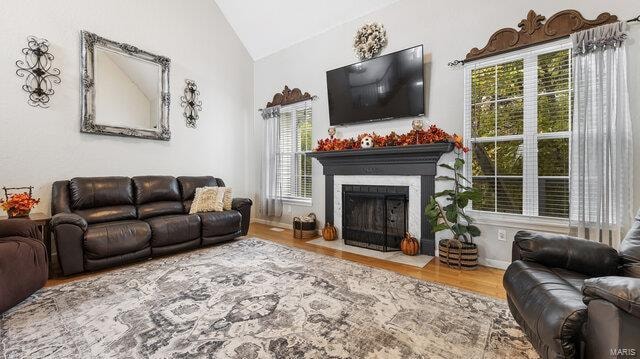 living room with lofted ceiling, a fireplace with flush hearth, baseboards, and wood finished floors